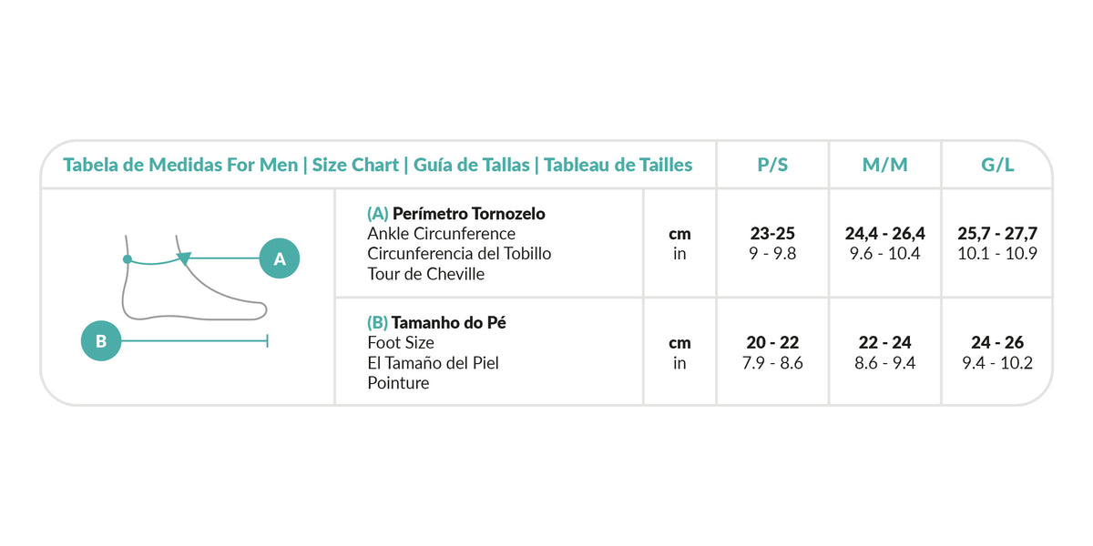 Tabela de medidas: Meia De Compressão Masculina 20-30 mmHg For Men Preto 050361