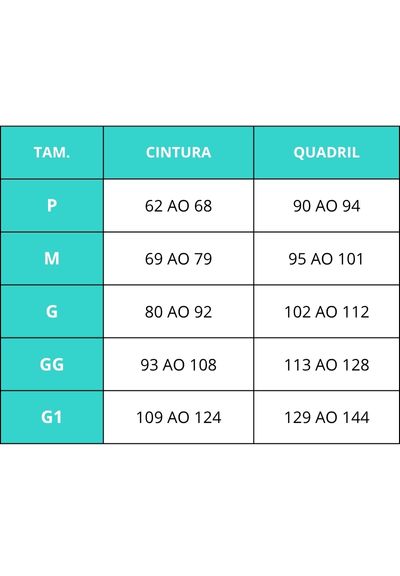 Tabela de medidas: Bermuda Ciclista Pós-Cirúrgica Com Abertura Higiênica Preto 050326