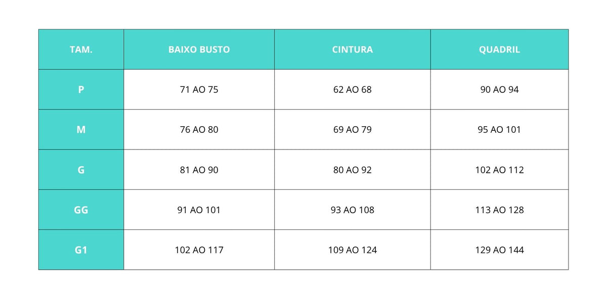 Tabela de medidas do produto