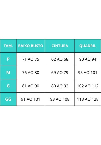 Tabela de medidas mobile do produto