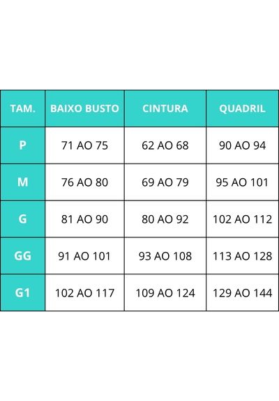 Tabela de medidas mobile do produto